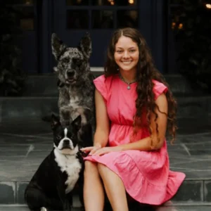 Young woman in a pink dress sitting on steps with a Boston Terrier and a mottled gray dog.